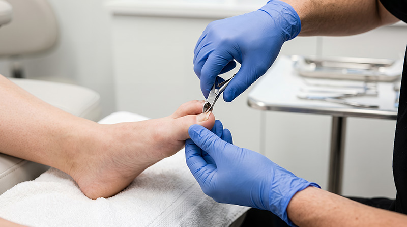 Podiatrist wearing protective blue gloves carefully cuts toenail